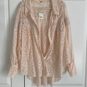 Free People Out West Lace Button Up Blouse- XL Ecru